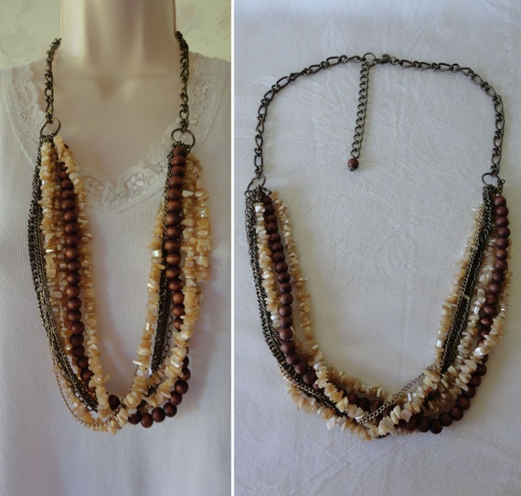 Vintage Chico's Natural Shell-Wood-Chain Beaded M… - image 1