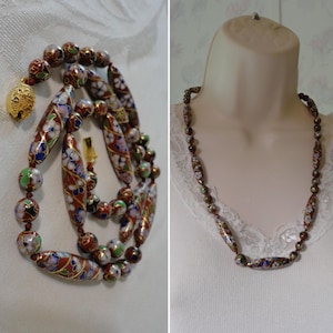 Vintage CHINESE CLOISONNE Enamel Beaded Necklace Hand Knotted Floral Design Round & Elongated Rounded Tube Beads Filigree Clasp 25&quot; L Estate