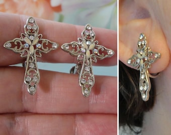Vintage Crystal Cross Clip on Earrings Small Clear & Aurora Borealis Crystals Subtle Sparkle Christian Faith Jewelry Silver Plated Metal