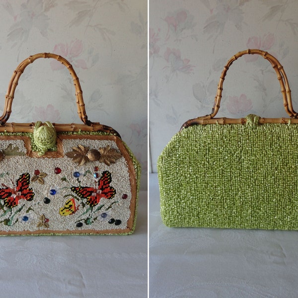 Vintage Caron Hand Fashioned Handbag FAB Embellishments Needlepoint Butterflies-Beads-Crystals Bamboo Handles Butterflies ORIGINAL TAG