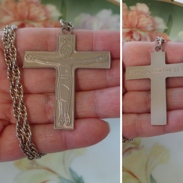 Vintage Cursillo Crucifix Cross Pendant Necklace Cursillo Group "Christ is Counting on You" Catholic Stylized Crucifix Cross 24" Chain