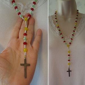 Vintage Sterling Silver Cross Faceted Crystal Beads Rosary Style Necklace Faceted Red-Yellow-Lime Green Crystal Beads 1-5/8&quot; Sterling Cross