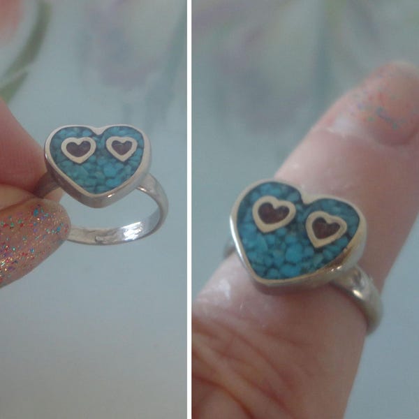 Vintage Heart Pinky Ring 1970s Old Stock Crushed Turquoise & Coral Chip Inlay Two Hearts In a Heart Silver Plated Metal SMALL Size 3.50