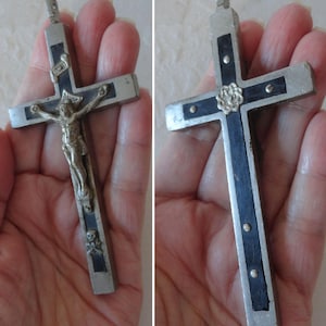 Antique 1800s Nuns Crucifix Skull Crossbones Ebony Wood Inlay Nickel Silver Plated Brass Victory Over Death Handmade with File Marks 4-3/8&quot;