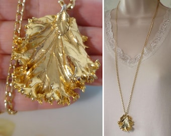 Vintage 24K Gold Dipped Leaf Pendant Natural Leafy Kale Dipped in 24K Yellow Gold Attached Bail Shiny Leaf Pendant on 32" Aluminum Chain