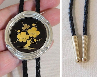Vintage Spanish Damascene Bolo Tie Toledo Spain 24k GP Renaissance Blooming Tree Floral Damascene Black Leather Cord Tie Estate Find