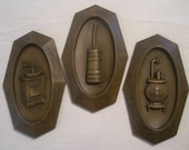 Set of 3 Vintage Syroco Kitchen Wall Plaques Dart Industries Made in USA SET of 3 Butter Churn-Coffee Grinder-Pot Belly Stove Kitchen Decor