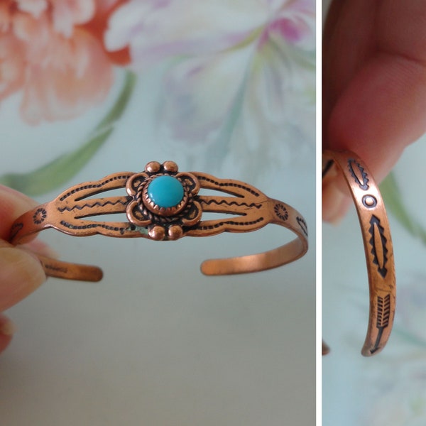Vintage Baby Infant Native American Style Copper Turquoise Cuff Bracelet Native Style Traditional Stamping Signed WM (Wheeler Mfg.) Made USA
