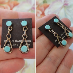Vintage Indian Handmade Turquoise Earrings Native American Made Sterling Silver Turquoise Earrings UNWORN on Card Authentic Indian Handmade