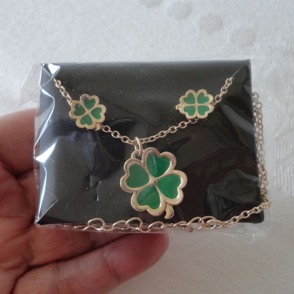 SEALED Avon Clover SET Necklace & Earrings Set Green Enamel Gold Tone/Plated Metals St Patrick's Day Wearing of Green Irish 4 Leaf Clover