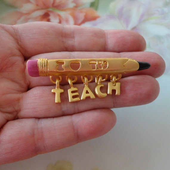 Vintage "I Love To Teach" Brooch Pin Pencil w/Cut… - image 3