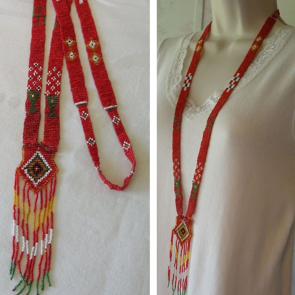 1920s-1930s Native American Indian Beadwork Traditional Whirling Log Symbol Glass Seed Beaded Indian Fringe Necklace Needs a Repair Estate
