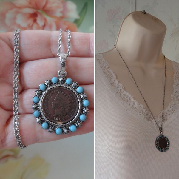 1907 Indian Head Penny Pendant Necklace Authentic 1907 Indian Head Penny Coin Southwestern Style Pendant Blue Beads on Silver Rope Chain