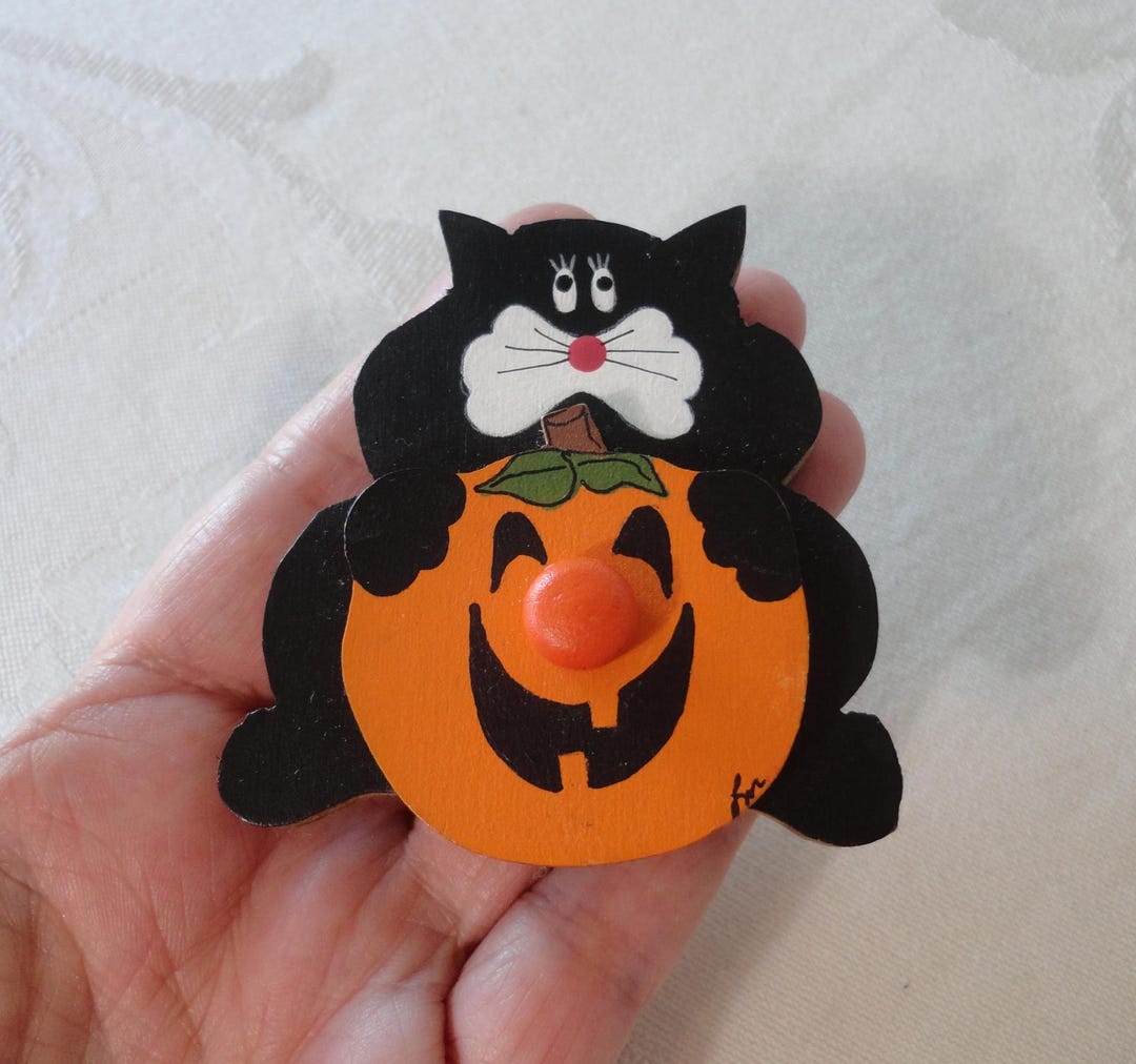 Vintage Halloween Brooch Pin Black Cat & Pumpkin Artisan Hand Painted ...