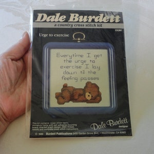 SEALED Vintage 1986 Dale Burdett Cross Stitch KIT Country &quot;Urge to Exercise&quot; Embroidery All Supplies Included With Blue Plastic Frame