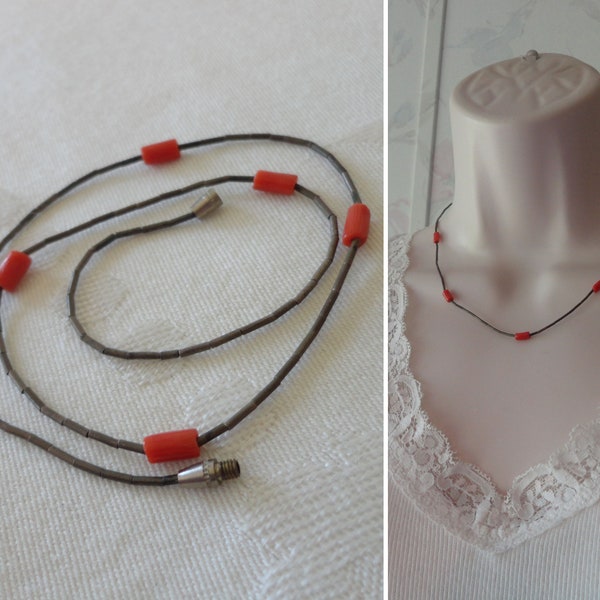 Vintage Sterling Liquid Silver Heishi Natural Coral Necklace 17" Length Old Branch Coral Sterling Silver Liquid Silver Estate Jewelry