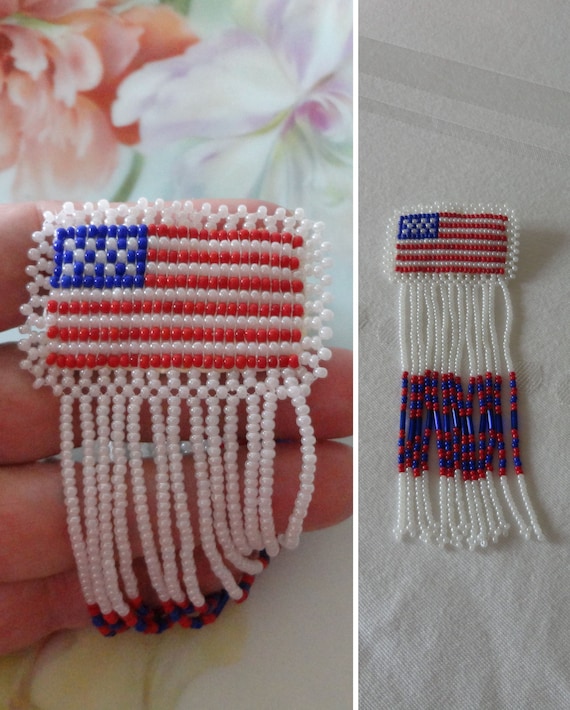 American Flag Hand Beaded Vintage Native American Navajo Sterling Silver Bracelet American Flag Hand Beaded Vintage Native American Navajo Sterling Silver Bracelet
