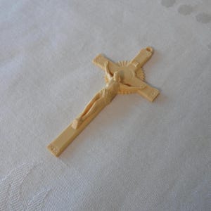 Vintage Celluloid Wall Crucifix Wall Hanging Jesus Christ INRI Catholic Faith Celluloid Hard Plastic Wall Crucifix 3-7/8&quot; High Estate Find