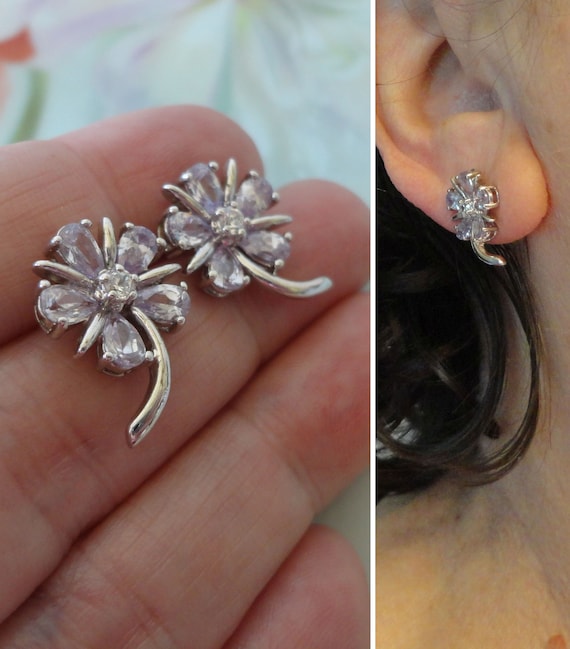 Ross Simons Sterling Silver CZ Flower Earrings La… - image 1