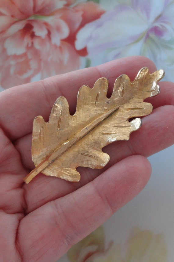 Vintage BSK Leaf Brooch Pin Shiny Gilt Textured Fi