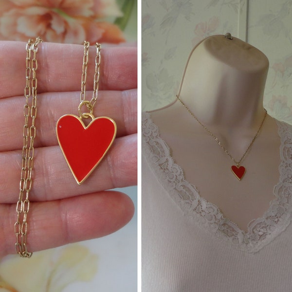 Red Heart Pendant Necklace Red Enamel Heart Pendant Dainty Gold 16" Paperclip Link Chain Shiny Gold Gold Plated Metals 16" Choker Length