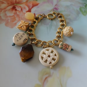 Vintage Chinese Asian Charm Bracelet Carved Bone-Hand Painted Florals & Symbols on Beads Chinese Turquoise-Yellow Jade-Tiger&#39;s Eye 7&quot; Estate
