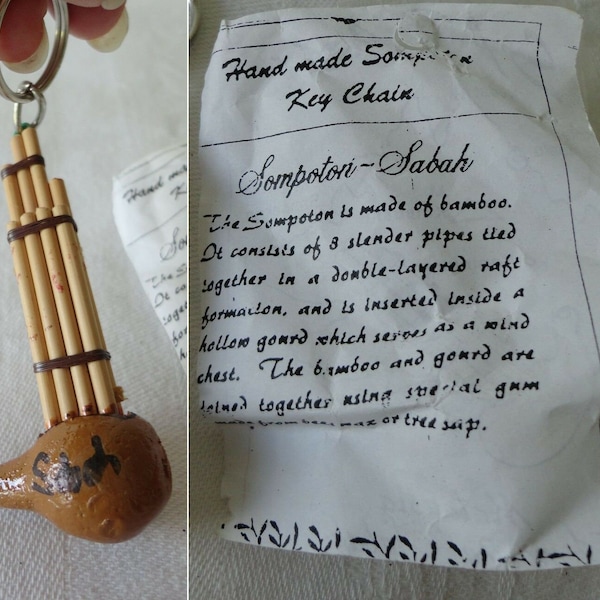 Vintage Handmade Borneo Sompoton/Sumpotan (Bamboo Pipes Gourd Mouth Organ) Miniature Replica Keychain New In Package with Information Sheet