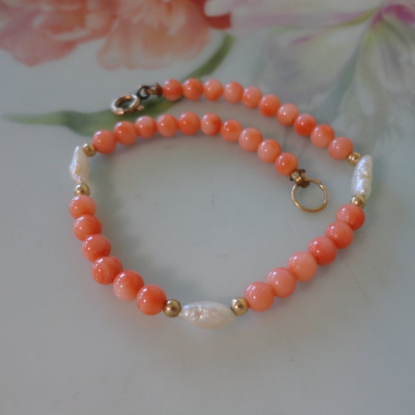 Vintage Angel Skin Coral Rice Pearl Beaded Bracelet 12K Gold Filled Beads & Clasp Angel Skin Coral and Rice Pearls Chinese Export 7" Estate