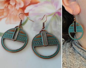 Vintage Copper Tone Pierced Earrings Southwestern Ethnic Vibe Drop Pierced Earrings Copper Plated Metal Faux Patina