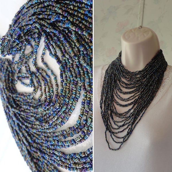 Vintage Seed Bead Necklace Multi Strand Cascade Iridescent Peacock Seed Beads CHOKER Length For Small Neck Shortest Strand is 14" Knot Clasp