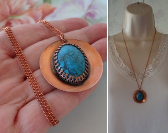 TRADING POST Shiny Solid Copper Simulated Turquoise Pendant Necklace New Old Stock Curved Saucer Shape Prong Set Stone 24" Chain Made in USA