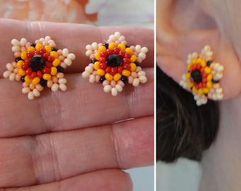 Vintage Seed Bead Pierced Stud Earrings Native American Style Seed Beadwork Sparkling Faceted Black Crystal Center 3/4" D Estate Jewelry