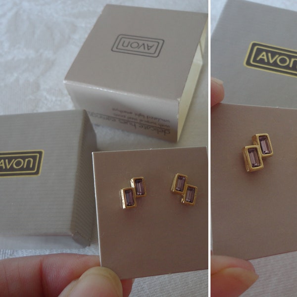 Vintage Avon 1985 "Delicate Hues" Crystal Stud Earrings NEW In Original Box & Outer Sleeve Amethyst Baguette Crystals Gold Plated Metal