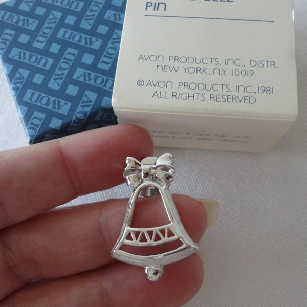 NIB Avon 1981 "Festive Bell Pin" Christmas Bell Lapel Tack Pin New in Original BOX Silver Metal Bell Tie Tack Pin Vintage 1981 Avon