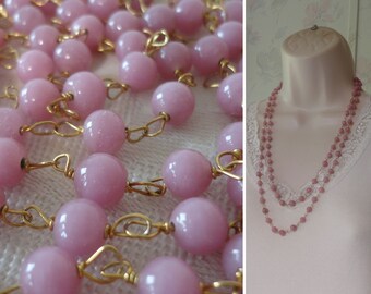 Vintage Pink Peking Glass Bead Necklace Small Pink/Mauve Peking Art Glass Beads Gold Tone Metal Links Long 48" Flapper Length No Clasp