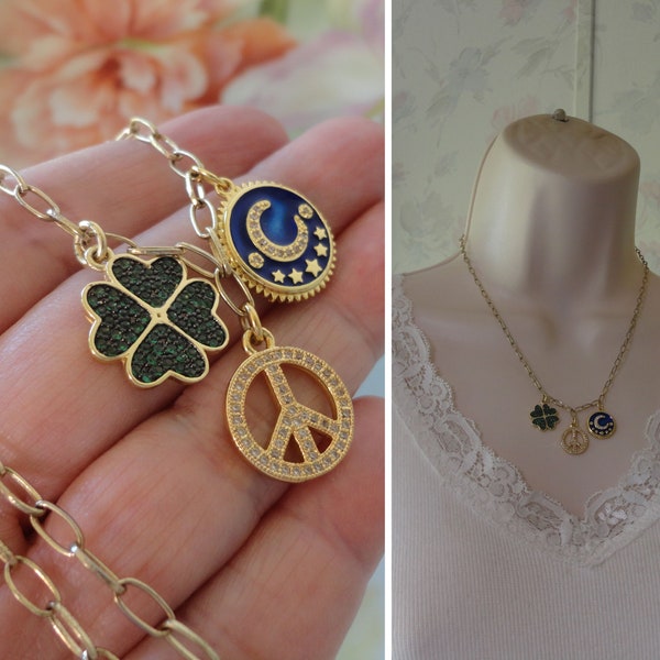 Pave Crystal Charm Pendant Necklace 4 Leaf Clover-Peace Sign-Celestial Moon on Paperclip Paper Clip Link Chain Shiny Gold Gold Plated Metal