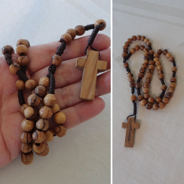 Vintage Bethlehem Olive Wood Beaded Rosary Catholic Faith Wooden Cross Rosary Made in Holy Land Stamped Bethlehem on One Side of Cross