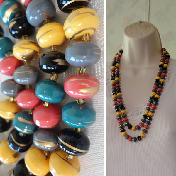 Vintage Colorful Beaded Necklace Multi-Color Coated Lucite Beads w/Gold Paint Splatter & Seed Bead Spacers One Continuous 55" Length w/Clasp