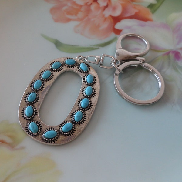 Vintage Southwestern Style Faux Turquoise Keychain Lobster Clip Key Ring Silver Plated Metal Oval Faux Simulated Turquoise Stones