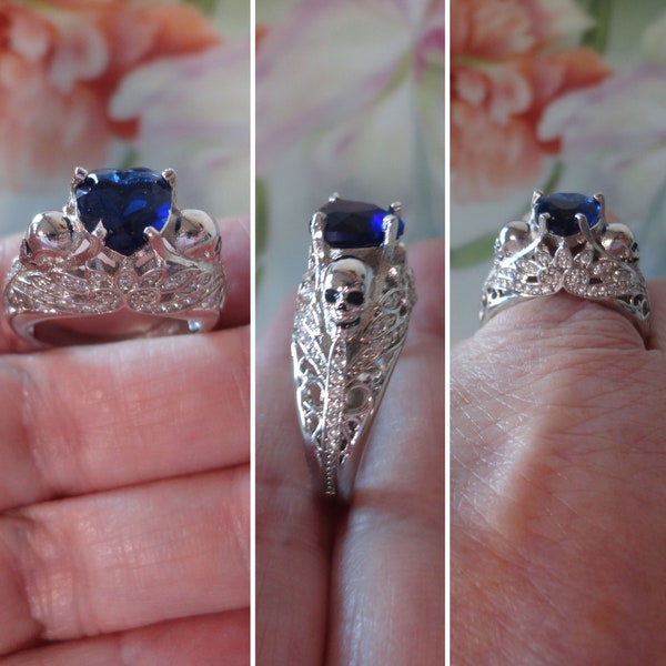 Vintage Sterling Silver CZ Ring Blue Sapphire Cubic Zirconia Heart & Sparkly Clear Pave Stone Accents SKELETON Skull HEADS on Sides 7.50