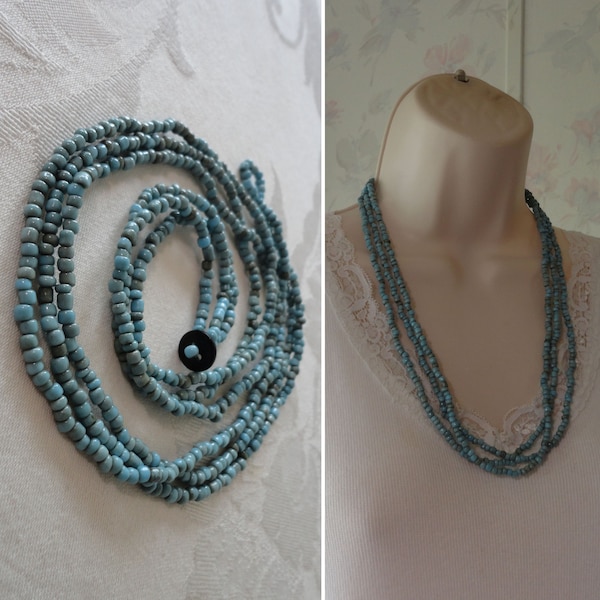 Vintage Blue Padre Glass Trade Bead Necklace Artisan Multi Strand Padre Glass Beads Necklace Button & Loop Closure Estate Jewelry 24"