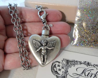 Vintage KIRK'S FOLLY "Fly Home Angel" Screw Top Heart Vial Pendant Holds Kirks Folly Dust Silver Glitter w/EXTRA Bag All Original Packaging