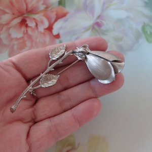 Vintage Flower Brooch Pin Silver Plated Metal Polished-Textured-Satin-Ribbed Finishes Flower Pin Lovely Estate Jewelry 3&quot; x 1-1/2&quot;