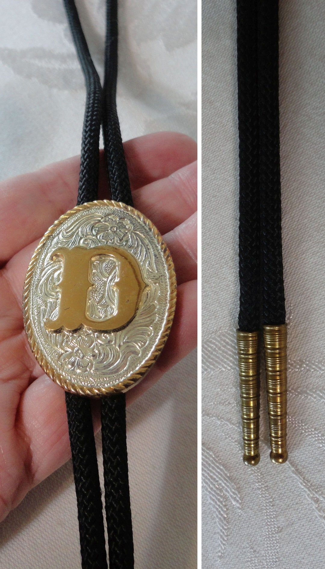 Vintage Western Cowboy Initial d Bolo Tie Etched Floral Scroll Design