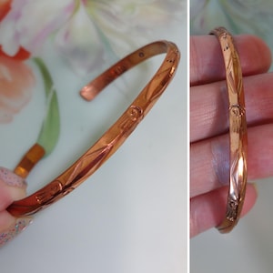 Vintage Southwestern Copper Cuff Bracelet Artisan Signed &quot;C&quot; Solid Copper Beveled Edge Stamped Designs Shiny Lacquered Copper Estate 7-1/8