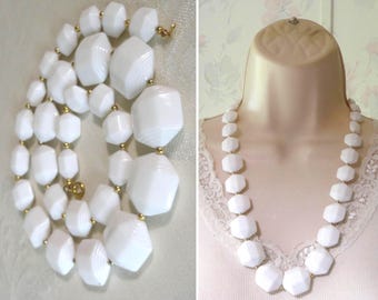 Vintage White Lucite Beaded Necklace Chunky 1960s Summer Time White Lucite Graduated Size Ribbed Beads Gold Tone Spacer Beads Estate Jewelry