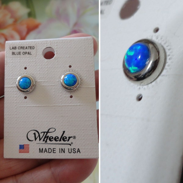NOS Blue Opal Stud Pierced Earrings New Old Stock Silver Plated Metal Iridescent Lab Created Blue Opal Stones Made in USA by WM Wheeler 1/4"