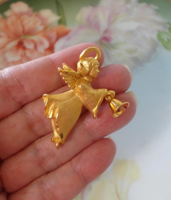 Vintage Angel Brooch Pin Holding Bell Gold Plated Metal With 