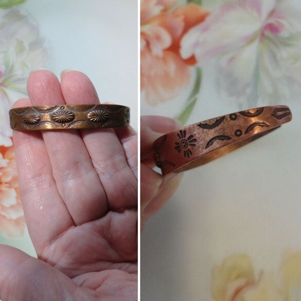 Vintage 1960s Bell Trading Post Copper Native Symbols Cuff Bracelet Fred Harvey Era Bell Trading Cuff For Small Petite Child Wrist 6-1/8