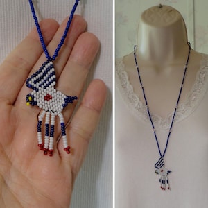 Vintage Beaded Bird Seed Beaded Necklace Southwestern Artisan Beadwork Flying Bird Beaded Daisies on Strap